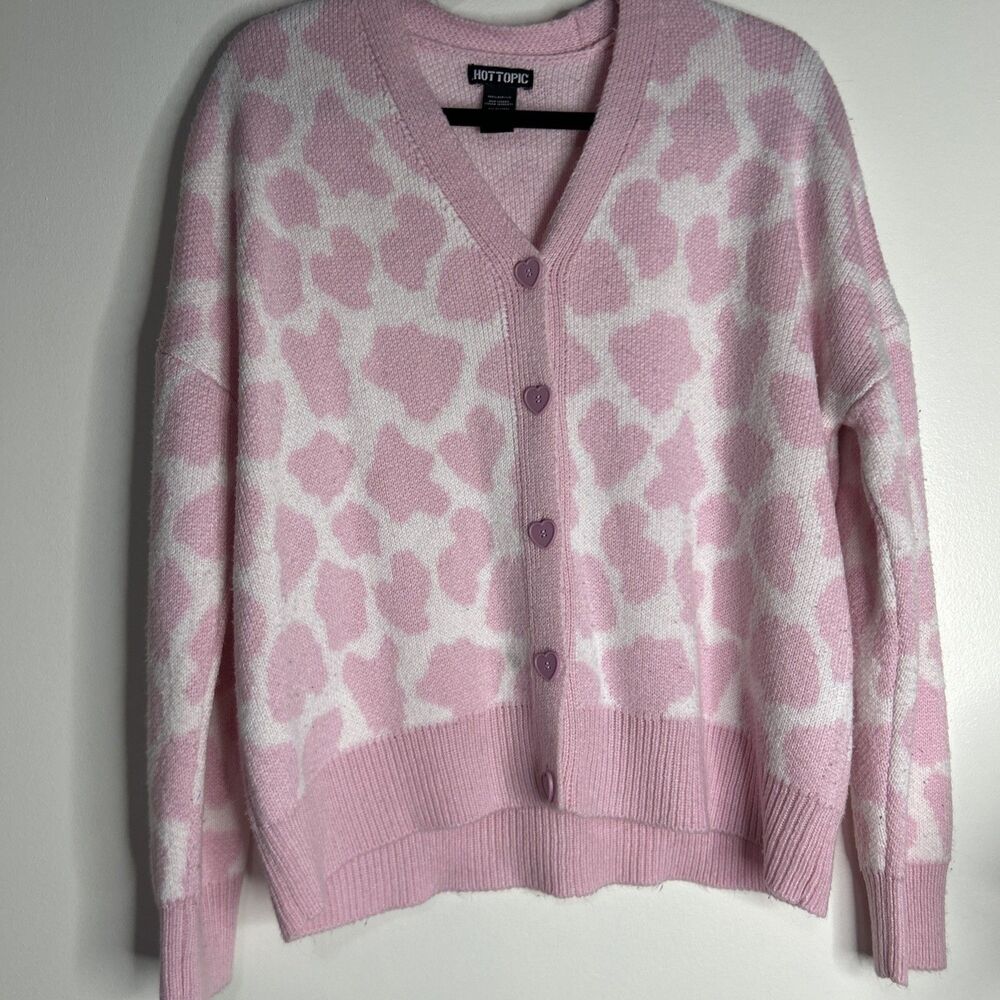 Hot Topic Pink Cow Print Oversized Cardigan Sweater Heart Buttons Size Medium